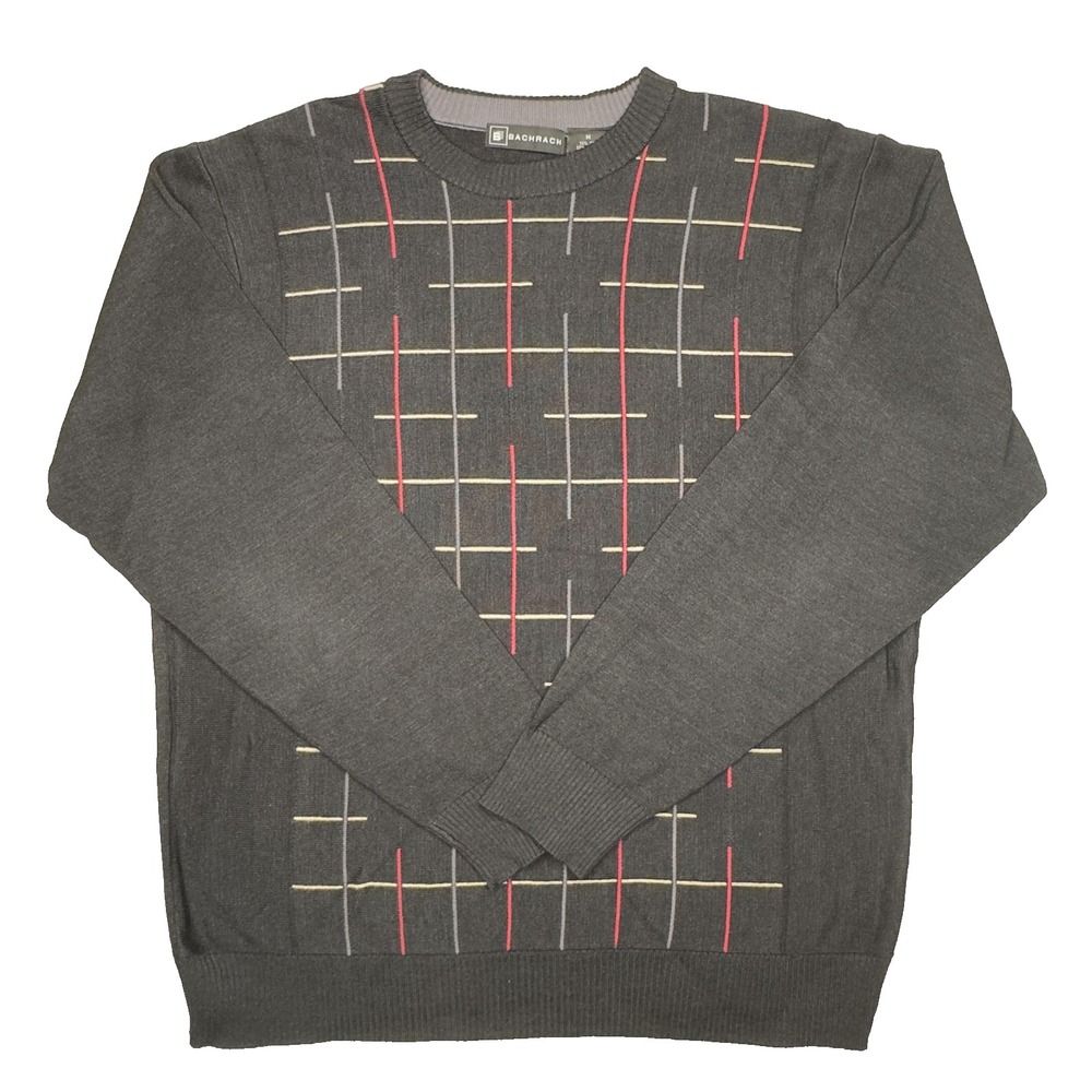 Vtg‎ BACHRACH Mens Crewneck Sweater Silk Cotton M Geometric Print Black Red Y2K